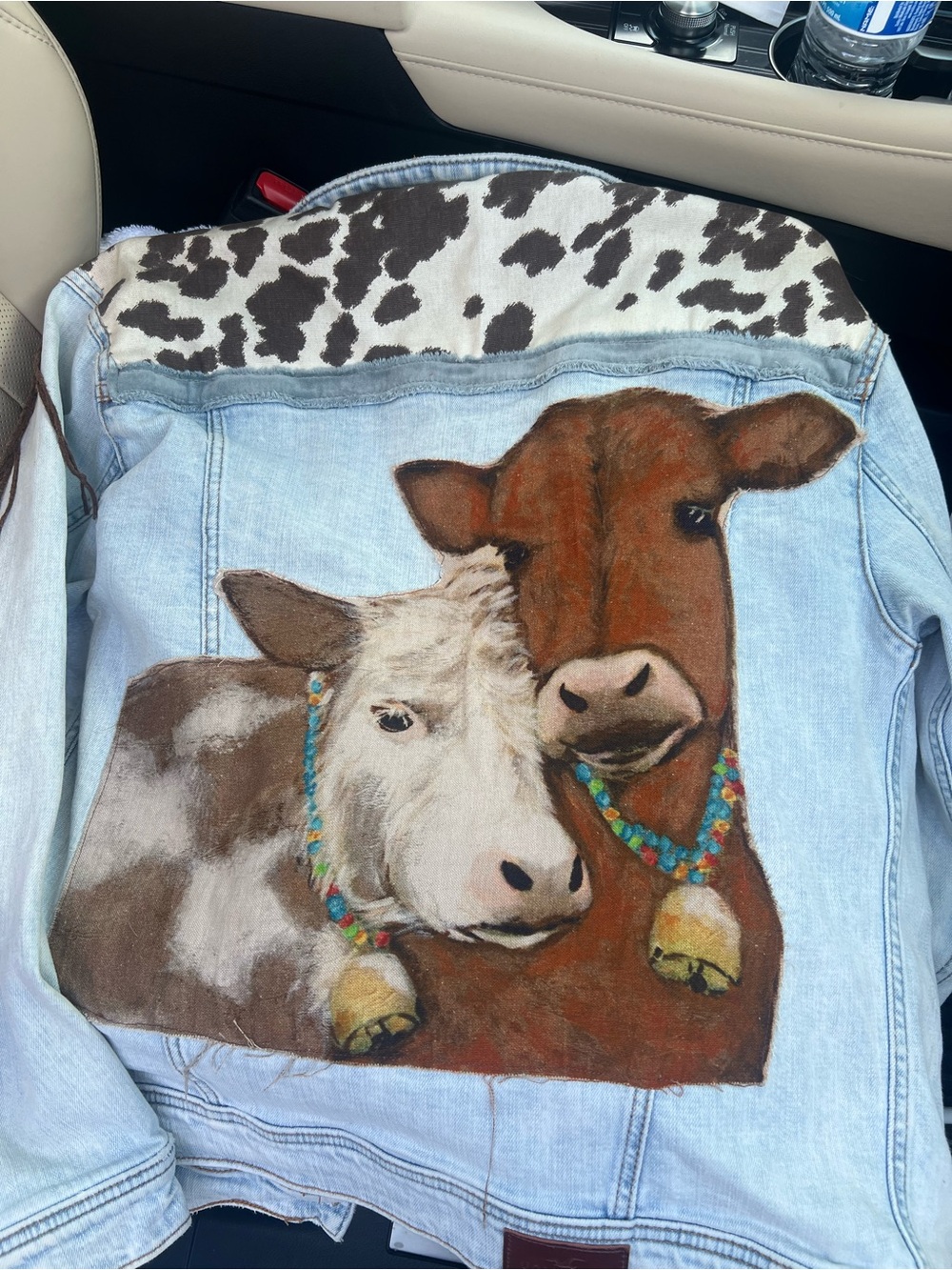 Hollister Light Blue Denim Jacket with Cow Artwork and Cowhide Trim